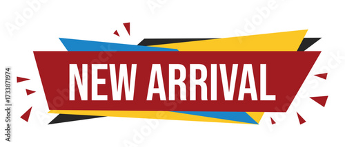 New arrival label, badge or banner design element template. Clothes tag layout with message pointing on new item from renewed collection. Vector illustration isolated on white background