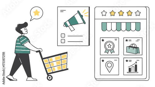 Person with shopping cart and online store interface