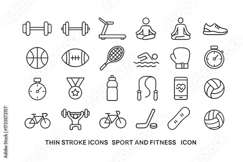 Sport and fitness line icons set — gym equipment, yoga, running, cycling, swimming, stopwatch, medal, and training symbols in thin outline style