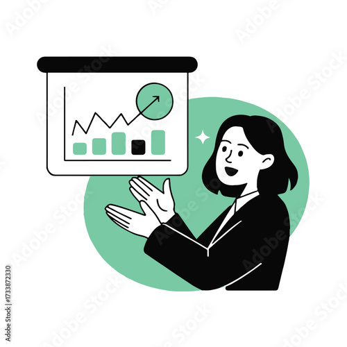 Vector art of a cheerful woman is presenting a business report with line graph on a screen business presentation concept