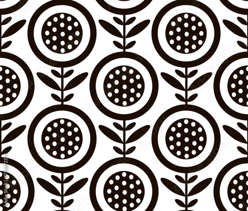 Abstract retro mid mod blooms flowers in black and white seamless pattern, vector illustration repeat design print
