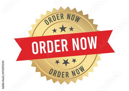 Golden badge with red ribbon displaying the words order now prominently