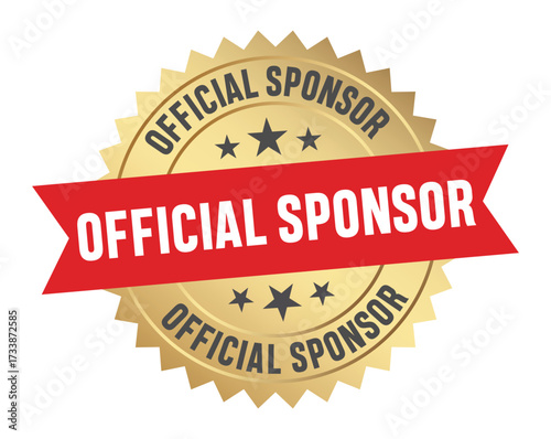 Golden official sponsor badge with ribbon and stars isolated design