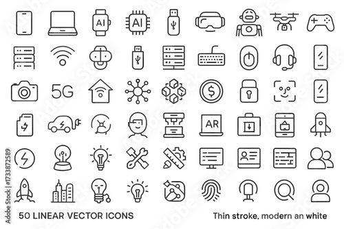 Set of 50 linear futuristic technology icons in thin modern style — artificial intelligence, robotics, smart devices, AR VR, IoT, 5G, and cybersecurity symbols