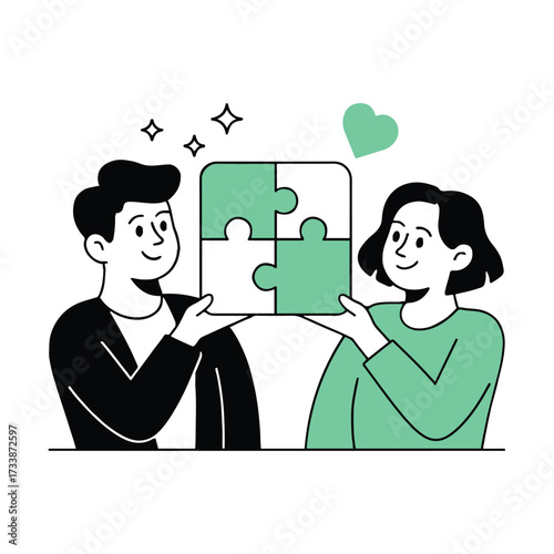 Vector art of two people are holding a puzzle together, symbolizing teamwork, collaboration, and problemsolving, they are happy with the solution
