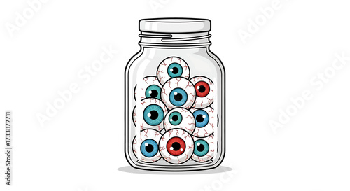 Jar of eyeballs with red and blue irises, Halloween illustration.