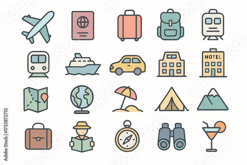 Travel and vacation icons set — pastel outline vector symbols for tourism, adventure, summer holidays, and journey planning