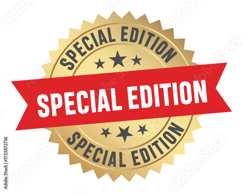 Golden badge with a red ribbon proclaiming special edition status