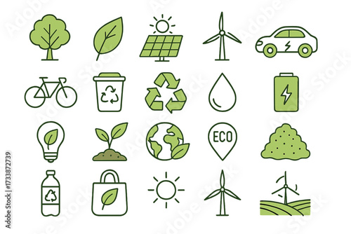 Eco and sustainability icon set — green energy, recycling, renewable resources, and environmental protection symbols
