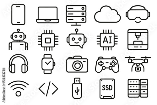 Futuristic technology and AI icons set — outline vector symbols for artificial intelligence, robotics, cloud computing, and modern digital devices