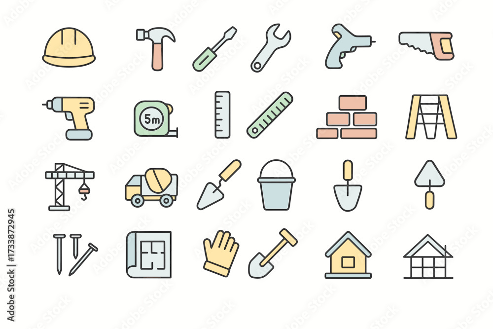 Obraz premium Construction and building tools icons set — outline vector symbols for repair, engineering, architecture, and handyman equipment