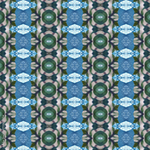 Symmetrical kaleidoscope pattern featuring water droplets on blue leaves, forming decorative seamless textures. Golden keywords: abstract, nature, pattern, leaf, texture