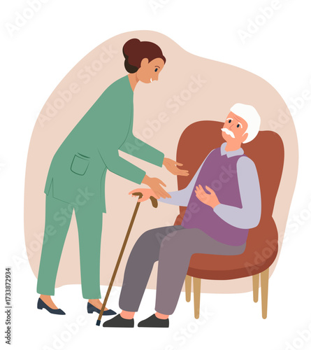 Elderly people at nursing home. Old grandparents in retirement. Pensioners are sad needs help. Nurses look after grandparents. Vector illustration.