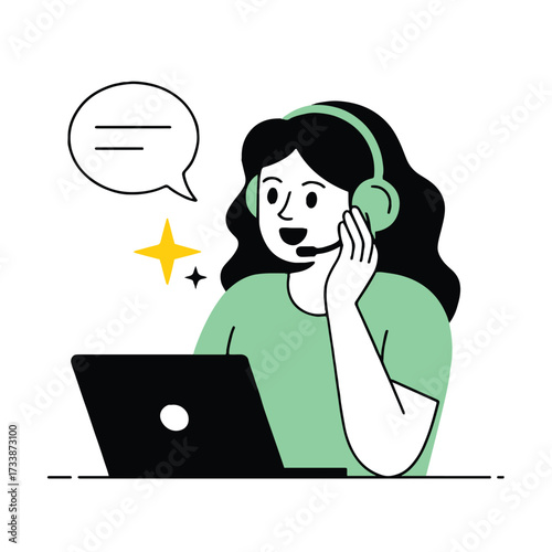 Vector art of a cheerful customer service representative with a headset is assisting customers online, she is sitting in front of her laptop