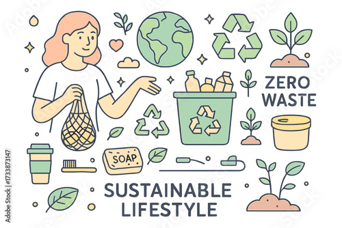 Sustainable lifestyle and zero waste concept illustration — eco friendly habits, recycling, reusable products, and green living design
