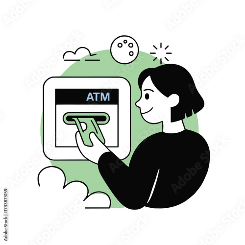 Vector art of a woman is withdrawing money from an atm, she is holding a card and smiling, ready to make a purchase