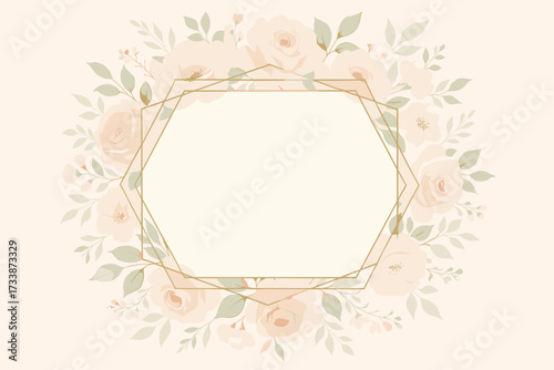Elegant floral frame with pastel roses and green leaves — geometric golden border for wedding invitation, greeting card, or banner design