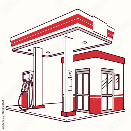 Red and white gas station building with pumps fuel pump