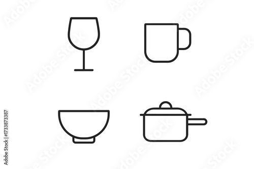 Kitchen tableware line icons — minimalist vector set with wine glass, mug, bowl, and cooking pot