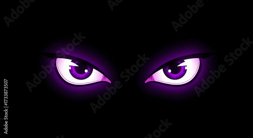 Glowing purple eyes peering out from a dark, shadowy background, creating a mysterious and intense gaze with a hint of menace.