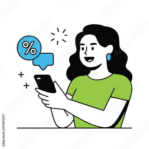 Vector art of a woman is holding a smartphone and smiling, with a percentage symbol in a speech bubble, she seems happy about a discount