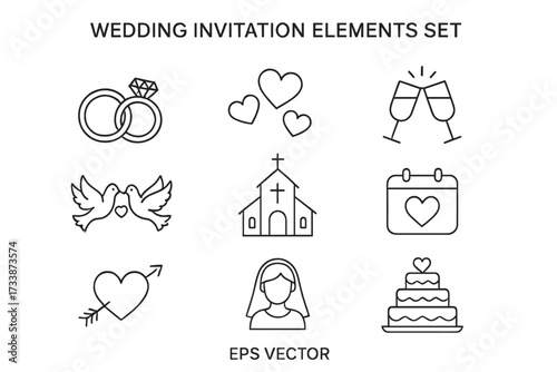 Wedding line icons set — outline vector symbols of rings, love, church, couple, bouquet, and celebration elements for marriage, invitation, and romantic design