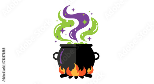Cartoon image of a black cauldron with green and purple smoke and flames.