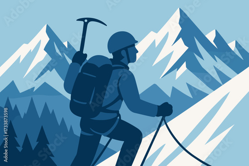 Mountaineer climbing snowy mountain peak with ice axe and rope, adventure travel and extreme sport illustration