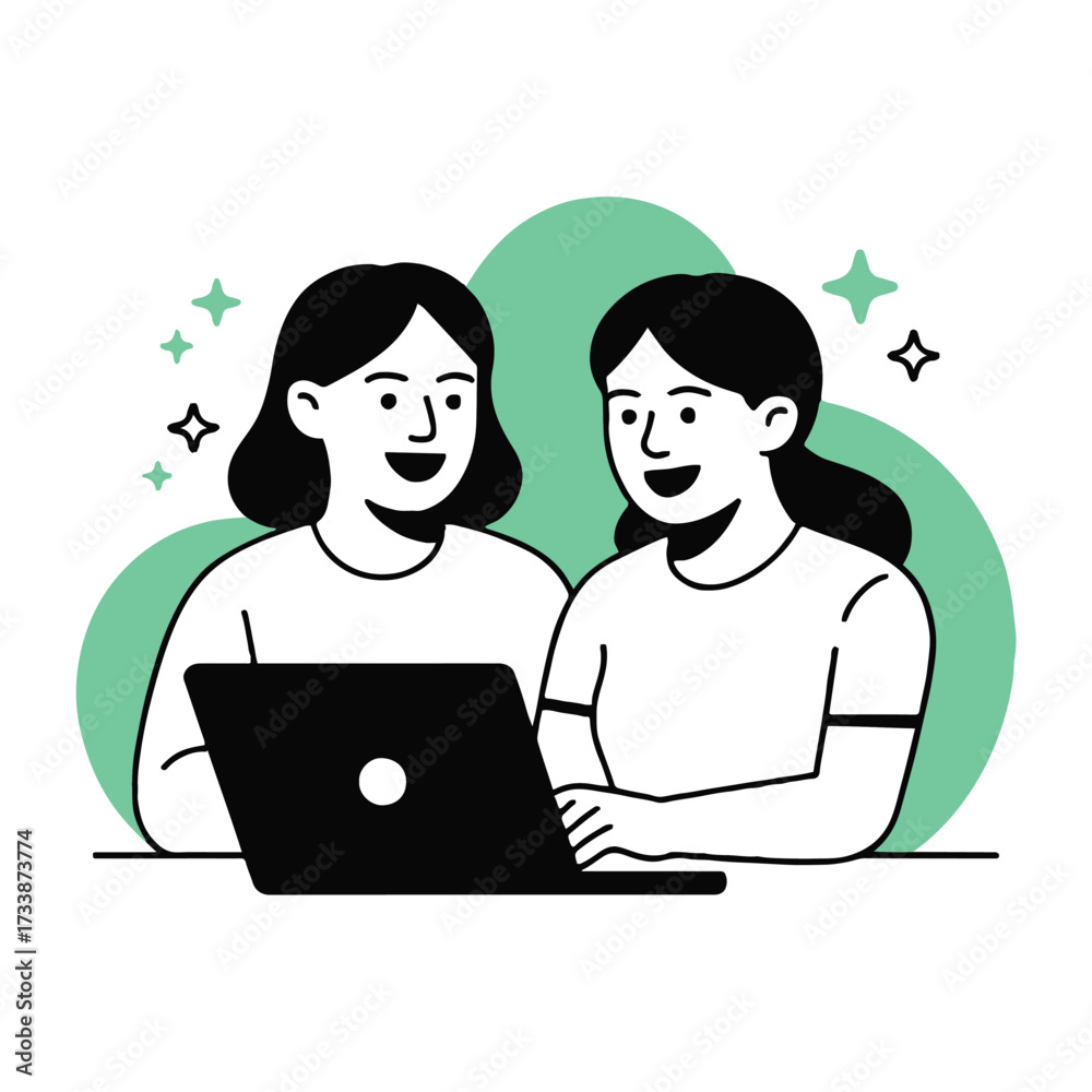 Fototapeta premium Vector art of two women are looking at a laptop, they are smiling and seem happy about the work they are doing together