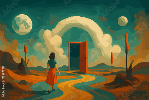 Surreal fantasy landscape with woman walking to open door under two moons — dreamlike concept art symbolizing mystery, choices, and new opportunities