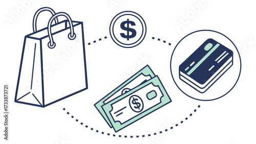 Shopping bag money and credit card icons dollar coin