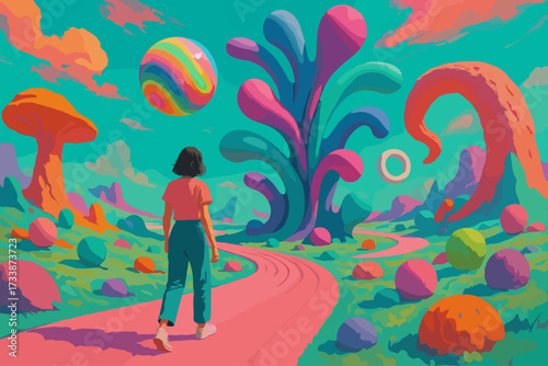 Surreal fantasy landscape with woman walking to open door under two moons — dreamlike concept art symbolizing mystery, choices, and new opportunities