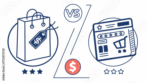 Shopping bag versus online store comparison price tag