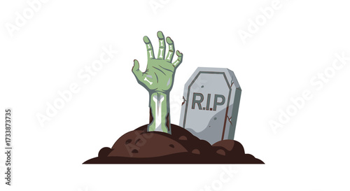 A green zombie hand rises from a grave next to a tombstone in a spooky Halloween illustration.