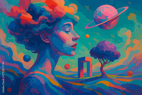 Surreal dreamy portrait of woman with closed eyes and cosmic landscape, colorful fantasy illustration with planets and abstract shapes