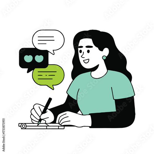 Vector art of a woman is writing a letter and thinking about what to say, she is happy and smiling with her idea