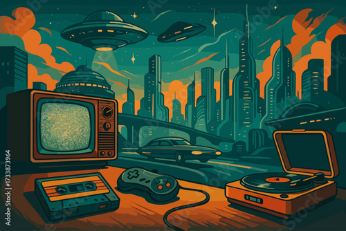 Retro futuristic cyberpunk cityscape with neon lights, sunset and vintage car driving on highway in sci fi world