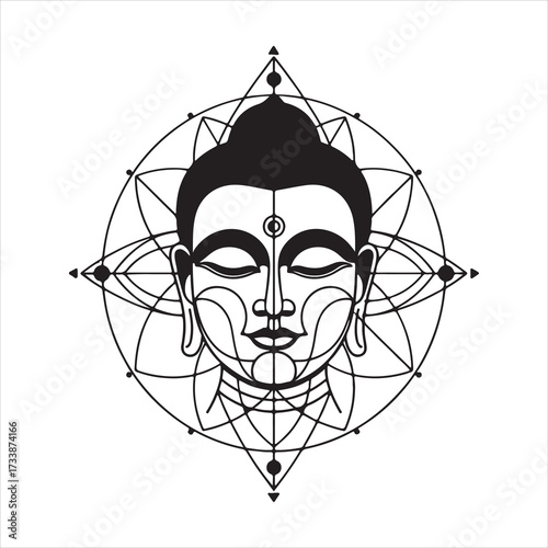 Serene Buddha head line art with calm meditative expression and mandala dots, spiritual portrait art vector