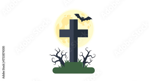 A spooky Halloween scene featuring a tombstone, a full moon, and a flying bat.