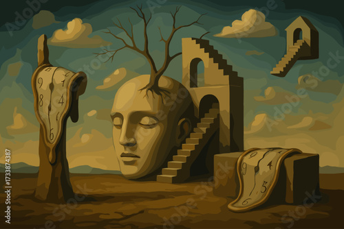 Surreal dreamscape with melting clocks and human head