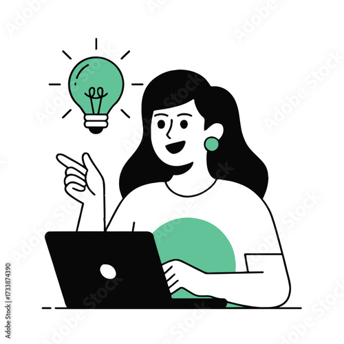 Vector art of a woman working on her laptop, having a great idea, and pointing at the light bulb she is happy and smiling with her idea
