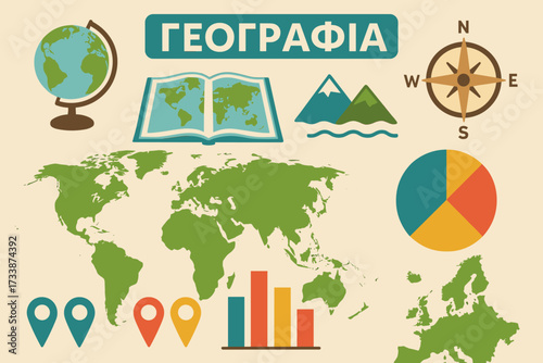 Geography infographic with world map and education elements