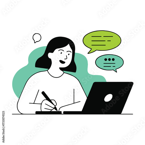 Vector art of a woman is working on her laptop, writing on a notepad, and communicating with others through speech bubbles she is smiling