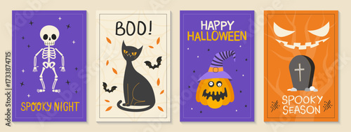 A set of four Halloween banners featuring spooky themes. Designs include a haunted tree, a lantern, and a ghostly figure. Colors are purple, orange, and black