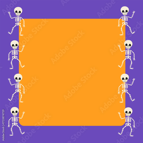 A simple vector frame with white skulls and sceletons on a purple and orange background. Halloween border suitable for spooky autumn advertising, sale banners, and others