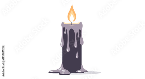 A single lit dark grey candle with melting wax dripping down its sides on a white background.