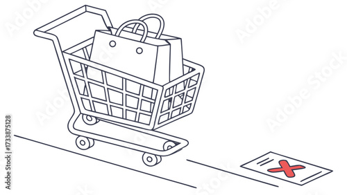 Shopping cart with bags and red cross mark shopping bags