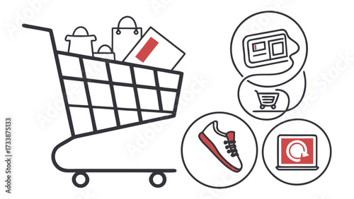 Shopping cart with bags and icons on white background