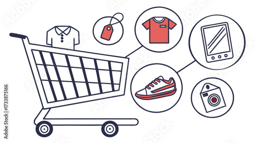 Shopping cart with clothing shoes and electronics icons