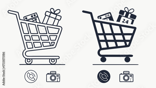 Shopping cart with gifts and camera icons trolley present
